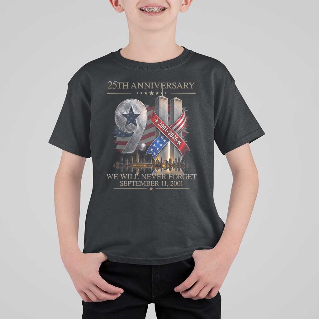 We Will Never Forget 9 11 Memorial 25th Anniversary T Shirt For Kid Patriotic American Flag Ribbon