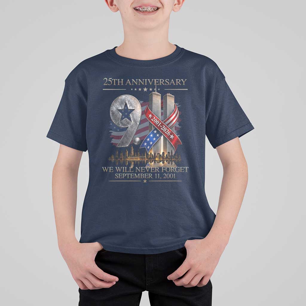 We Will Never Forget 9 11 Memorial 25th Anniversary T Shirt For Kid Patriotic American Flag Ribbon