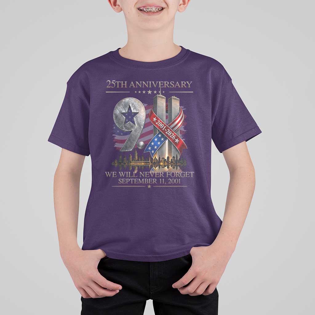 We Will Never Forget 9 11 Memorial 25th Anniversary T Shirt For Kid Patriotic American Flag Ribbon