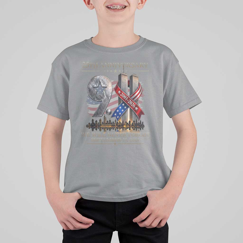 We Will Never Forget 9 11 Memorial 25th Anniversary T Shirt For Kid Patriotic American Flag Ribbon