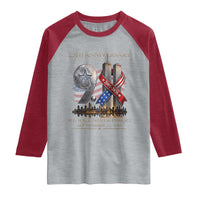 We Will Never Forget 9 11 Memorial 25th Anniversary Raglan Shirt Patriotic American Flag Ribbon