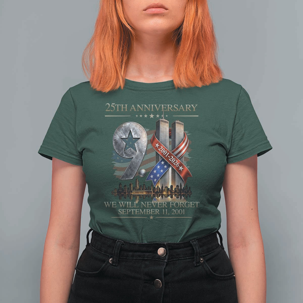 We Will Never Forget 9 11 Memorial 25th Anniversary T Shirt For Women Patriotic American Flag Ribbon