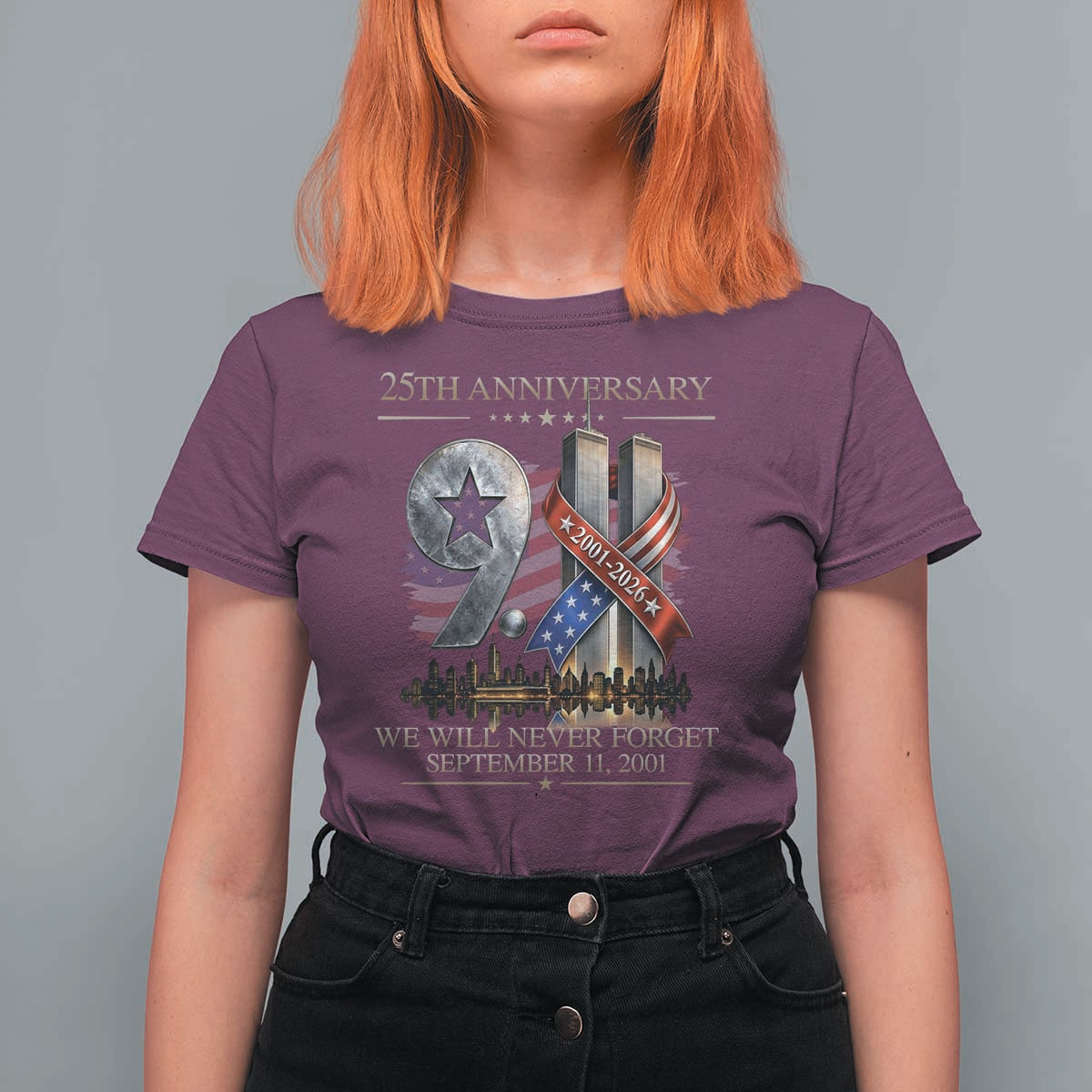 We Will Never Forget 9 11 Memorial 25th Anniversary T Shirt For Women Patriotic American Flag Ribbon