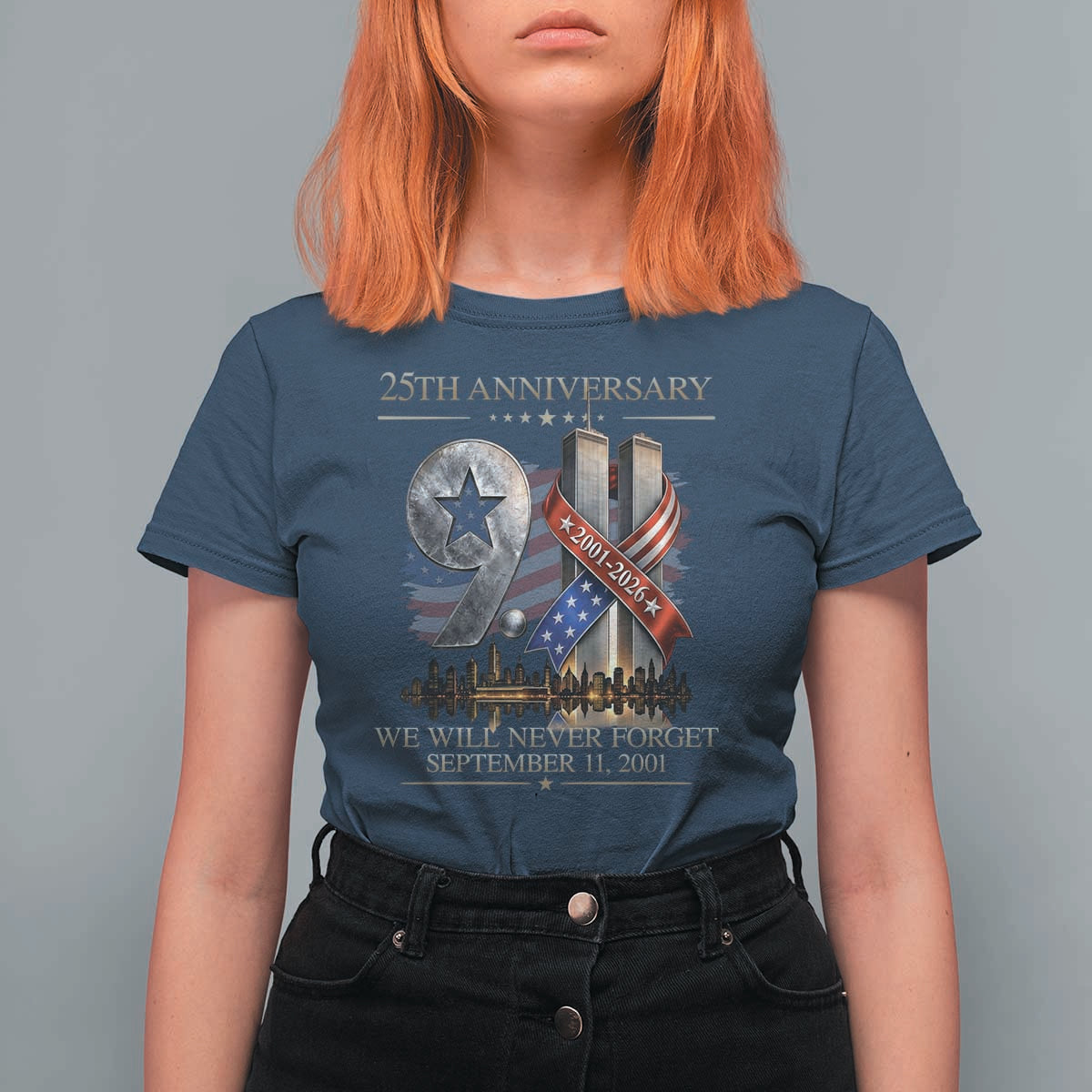We Will Never Forget 9 11 Memorial 25th Anniversary T Shirt For Women Patriotic American Flag Ribbon
