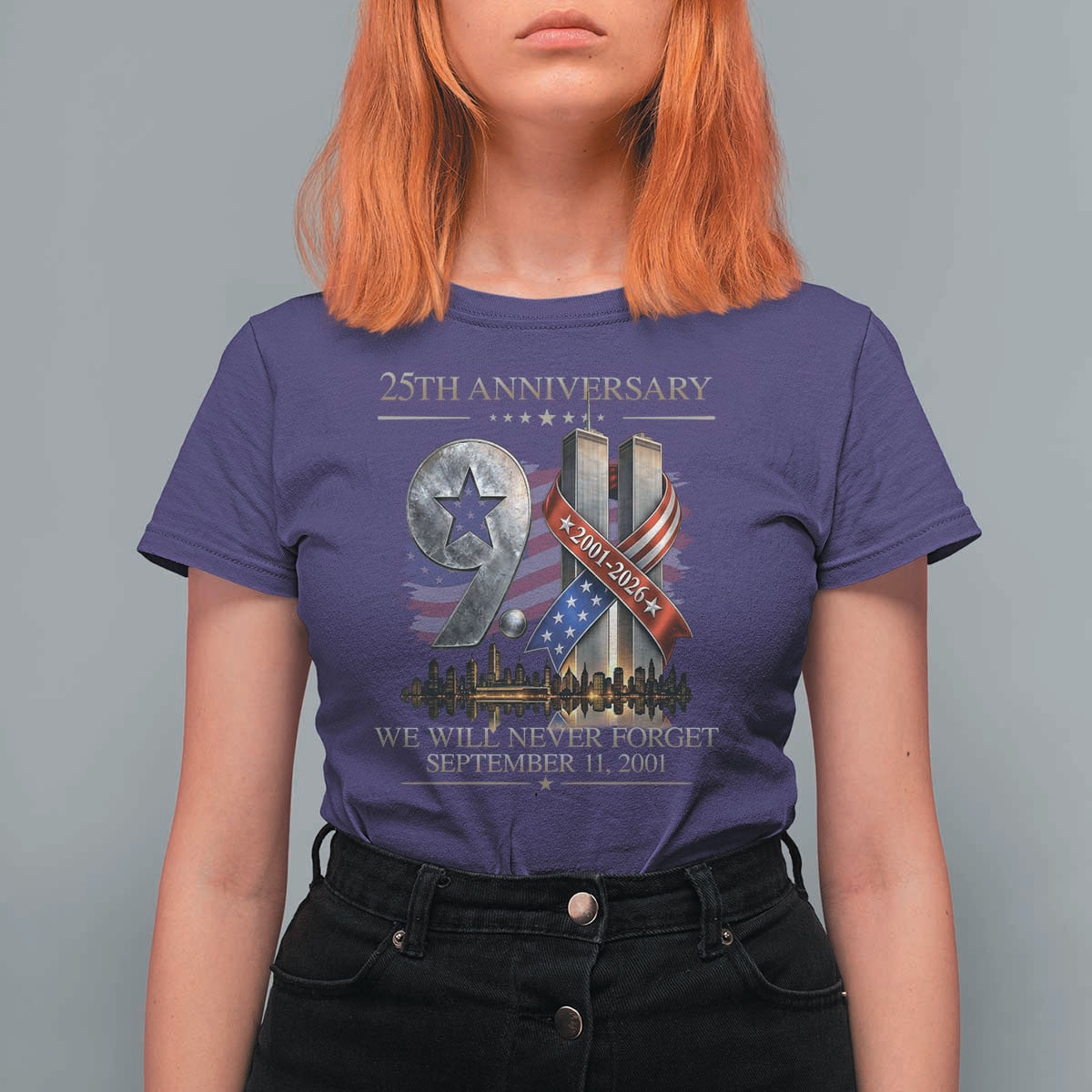 We Will Never Forget 9 11 Memorial 25th Anniversary T Shirt For Women Patriotic American Flag Ribbon