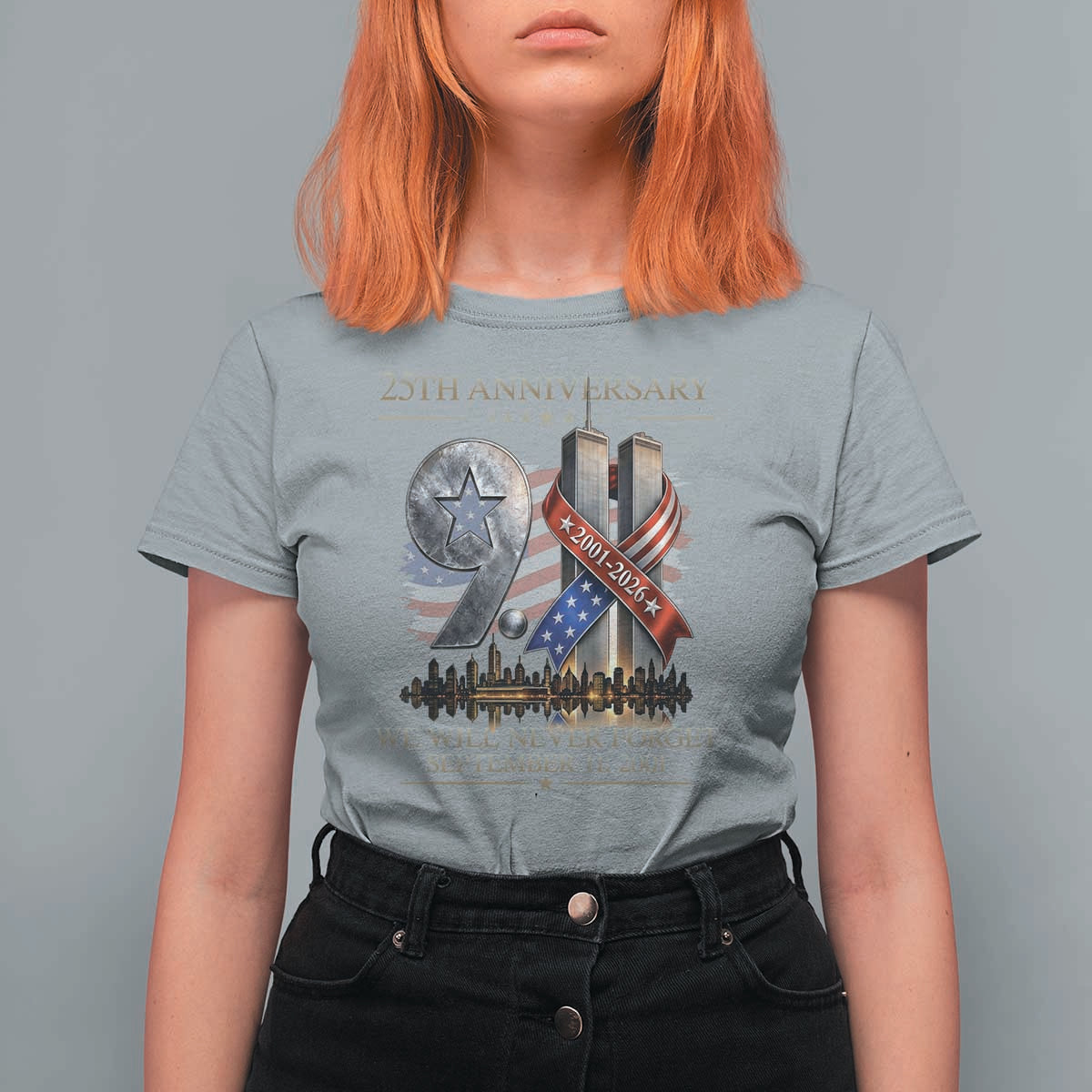 We Will Never Forget 9 11 Memorial 25th Anniversary T Shirt For Women Patriotic American Flag Ribbon