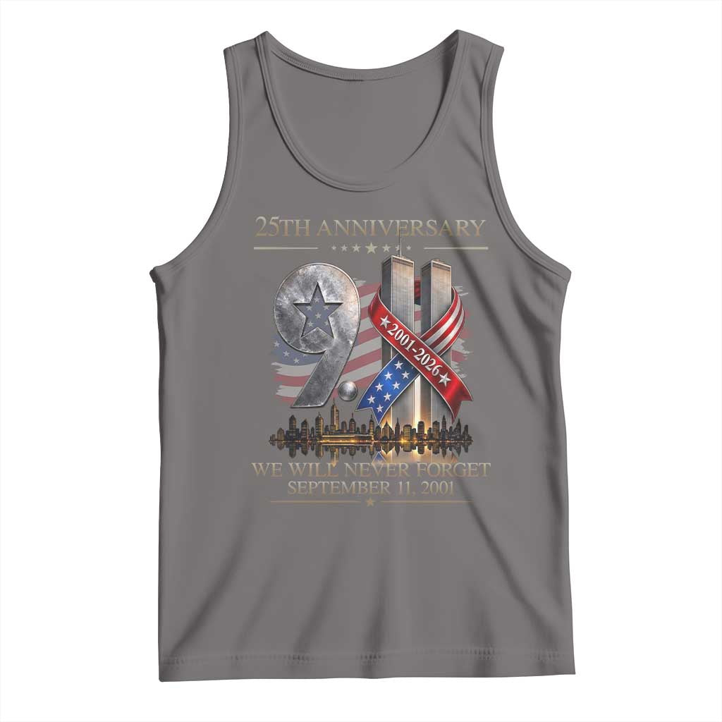 We Will Never Forget 9 11 Memorial 25th Anniversary Tank Top Patriotic American Flag Ribbon
