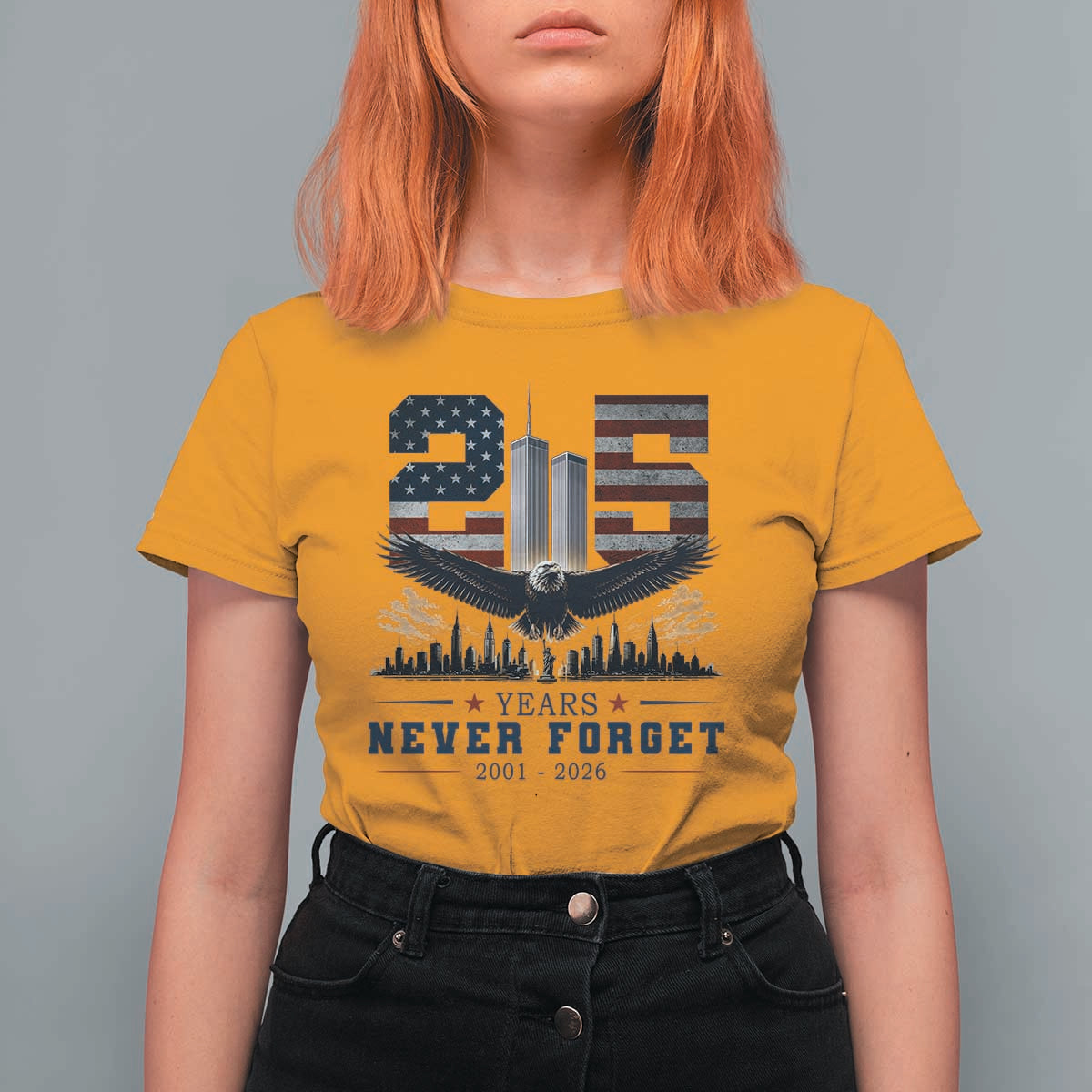 Patriotic Soaring Bald Eagle 9 11 Memorial 25th Anniversary T Shirt For Women 25 Years 2021 2026 Never Forget