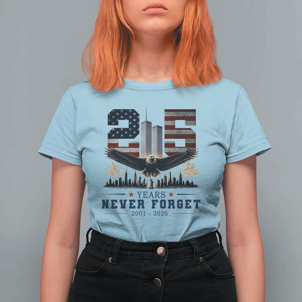 Patriotic Soaring Bald Eagle 9 11 Memorial 25th Anniversary T Shirt For Women 25 Years 2021 2026 Never Forget