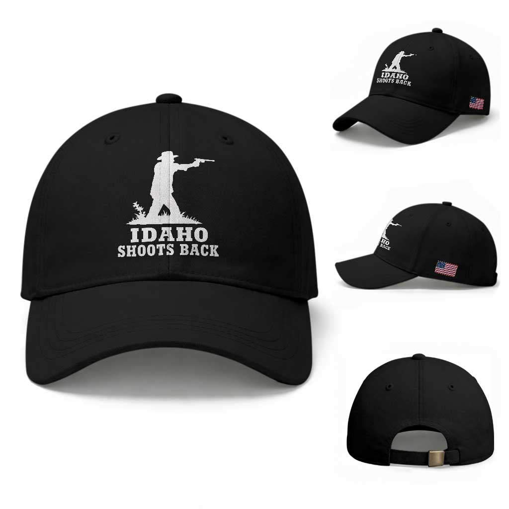 Idaho Shoots Back Cowboy Gunslinger Silhouette Patriotic Graphic Baseball Cap