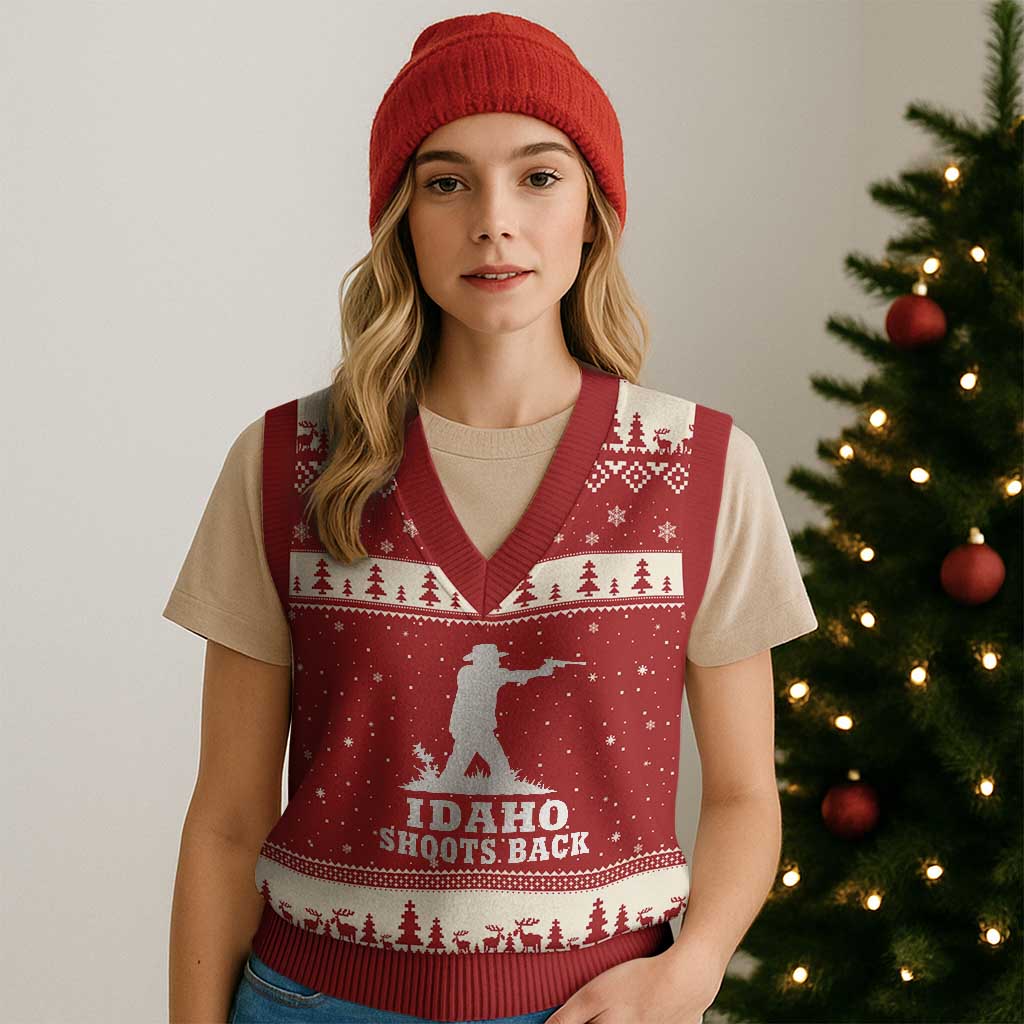 Idaho Shoots Back Cowboy Gunslinger Silhouette Patriotic Graphic V-Neck Knit Sweater Vest