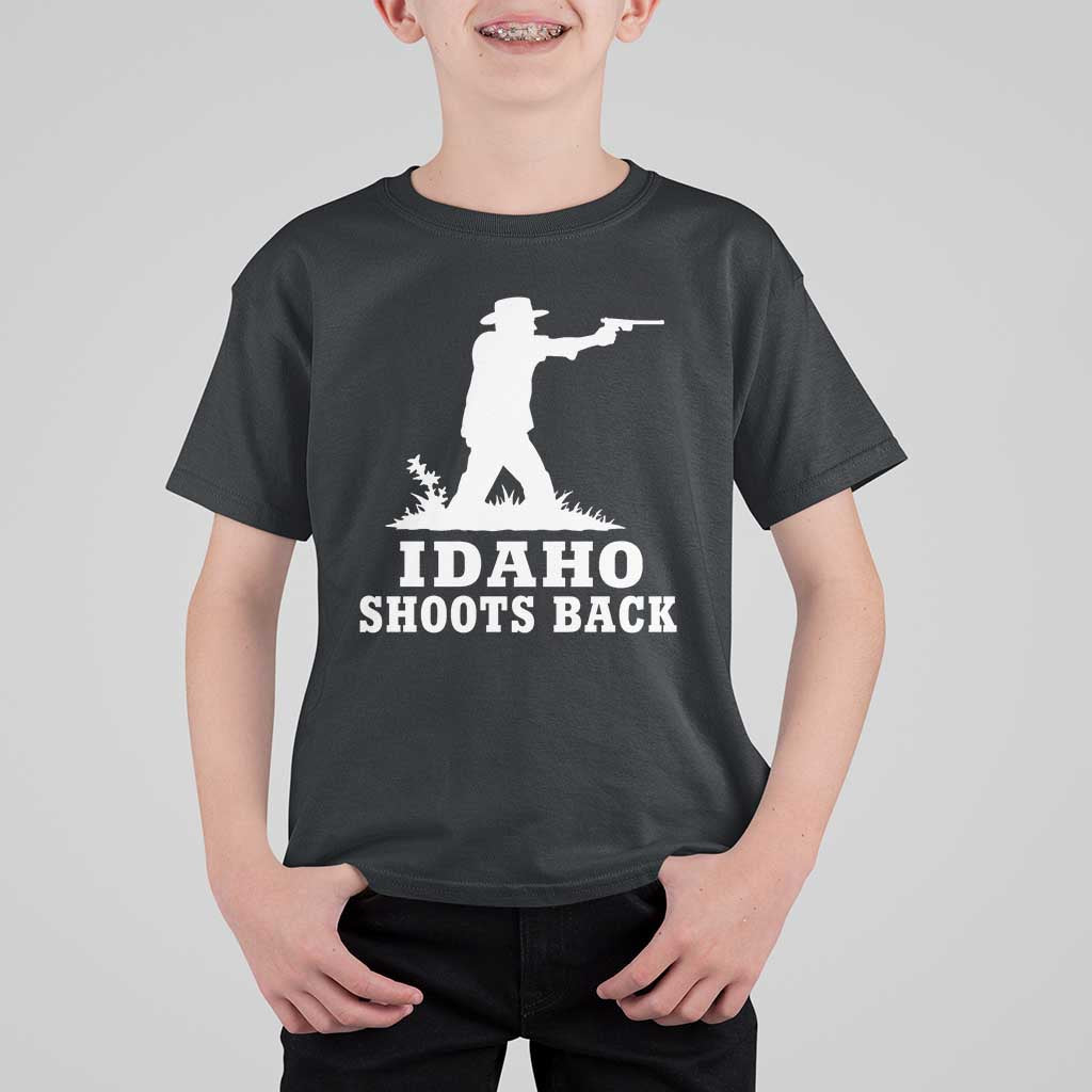 Idaho Shoots Back Cowboy Gunslinger Silhouette Patriotic Graphic T Shirt For Kid