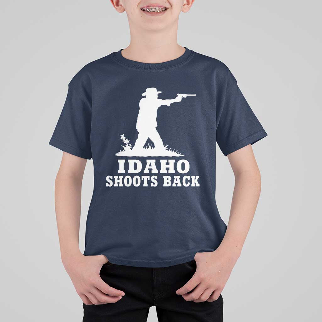 Idaho Shoots Back Cowboy Gunslinger Silhouette Patriotic Graphic T Shirt For Kid