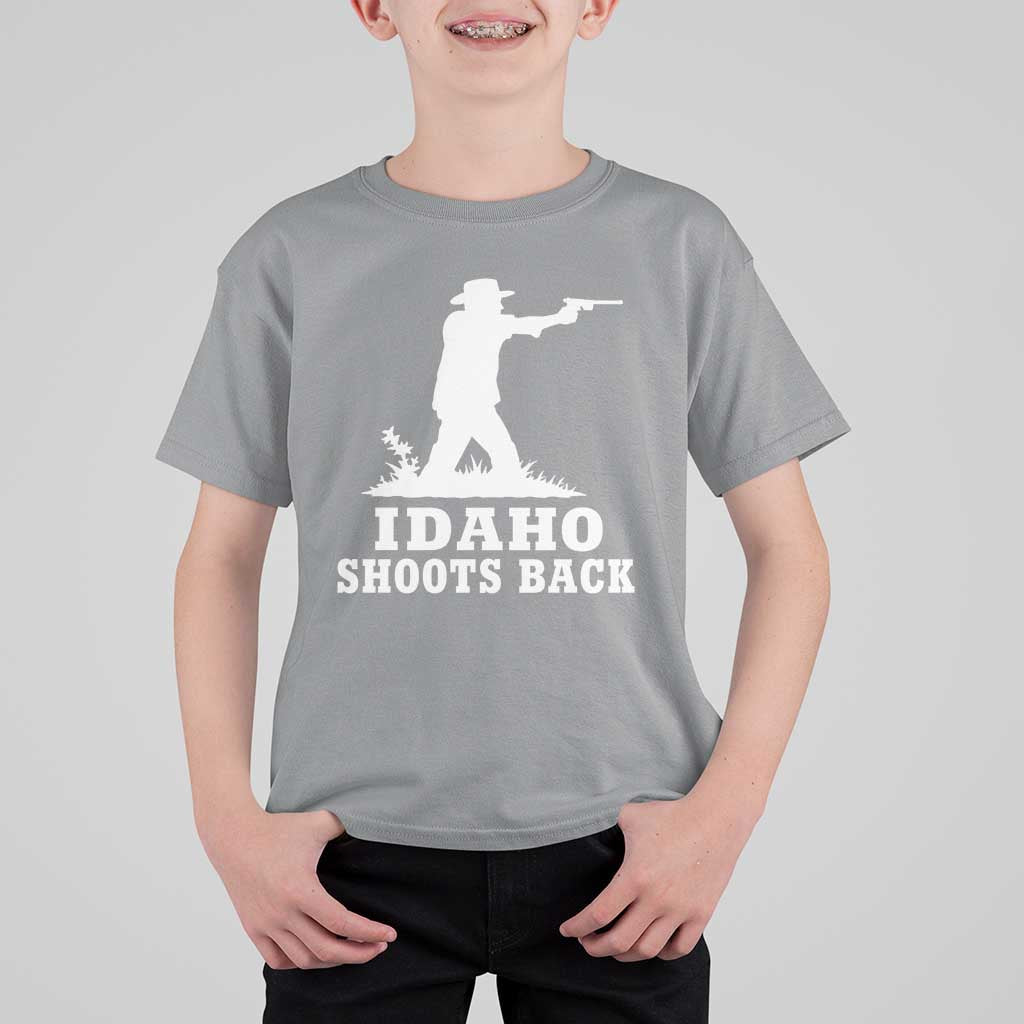 Idaho Shoots Back Cowboy Gunslinger Silhouette Patriotic Graphic T Shirt For Kid