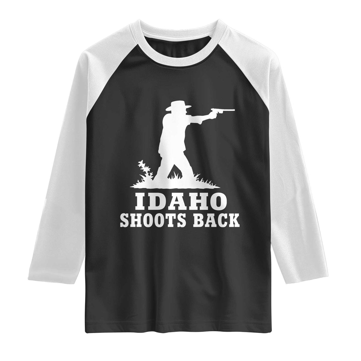 Idaho Shoots Back Cowboy Gunslinger Silhouette Patriotic Graphic Raglan Shirt