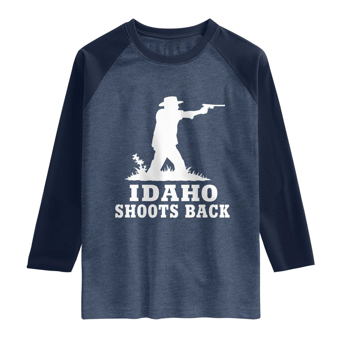 Idaho Shoots Back Cowboy Gunslinger Silhouette Patriotic Graphic Raglan Shirt