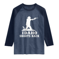 Idaho Shoots Back Cowboy Gunslinger Silhouette Patriotic Graphic Raglan Shirt