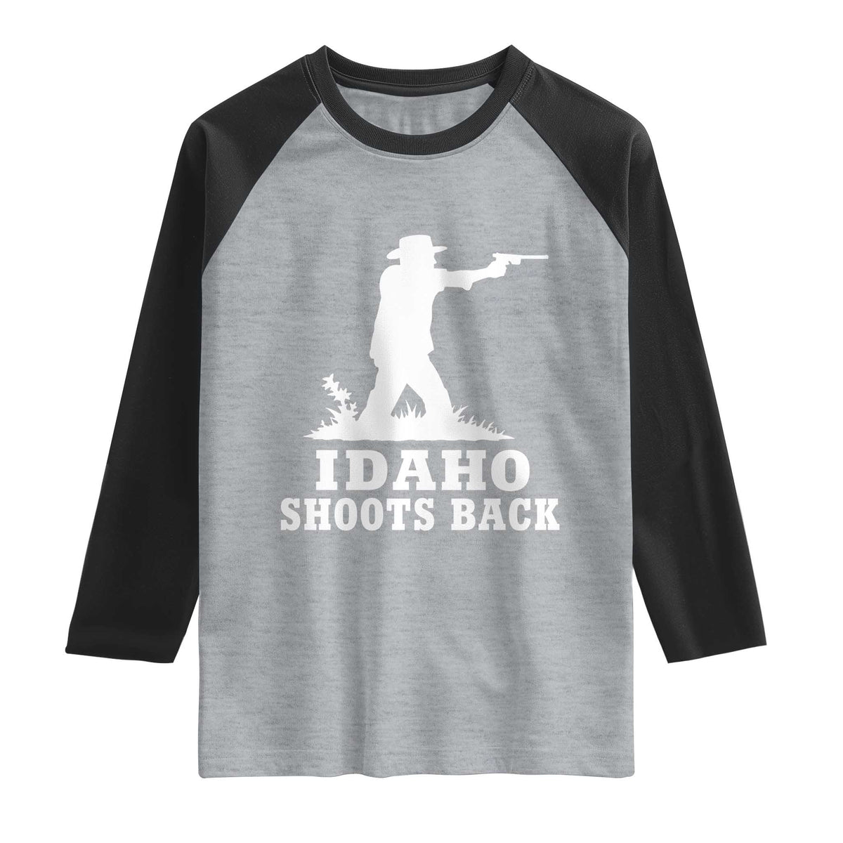 Idaho Shoots Back Cowboy Gunslinger Silhouette Patriotic Graphic Raglan Shirt