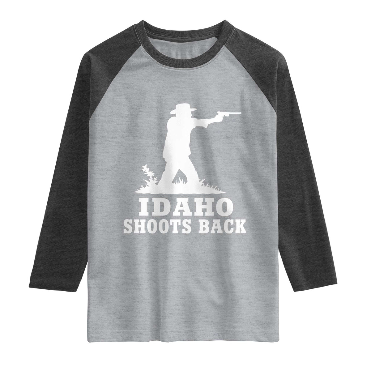 Idaho Shoots Back Cowboy Gunslinger Silhouette Patriotic Graphic Raglan Shirt