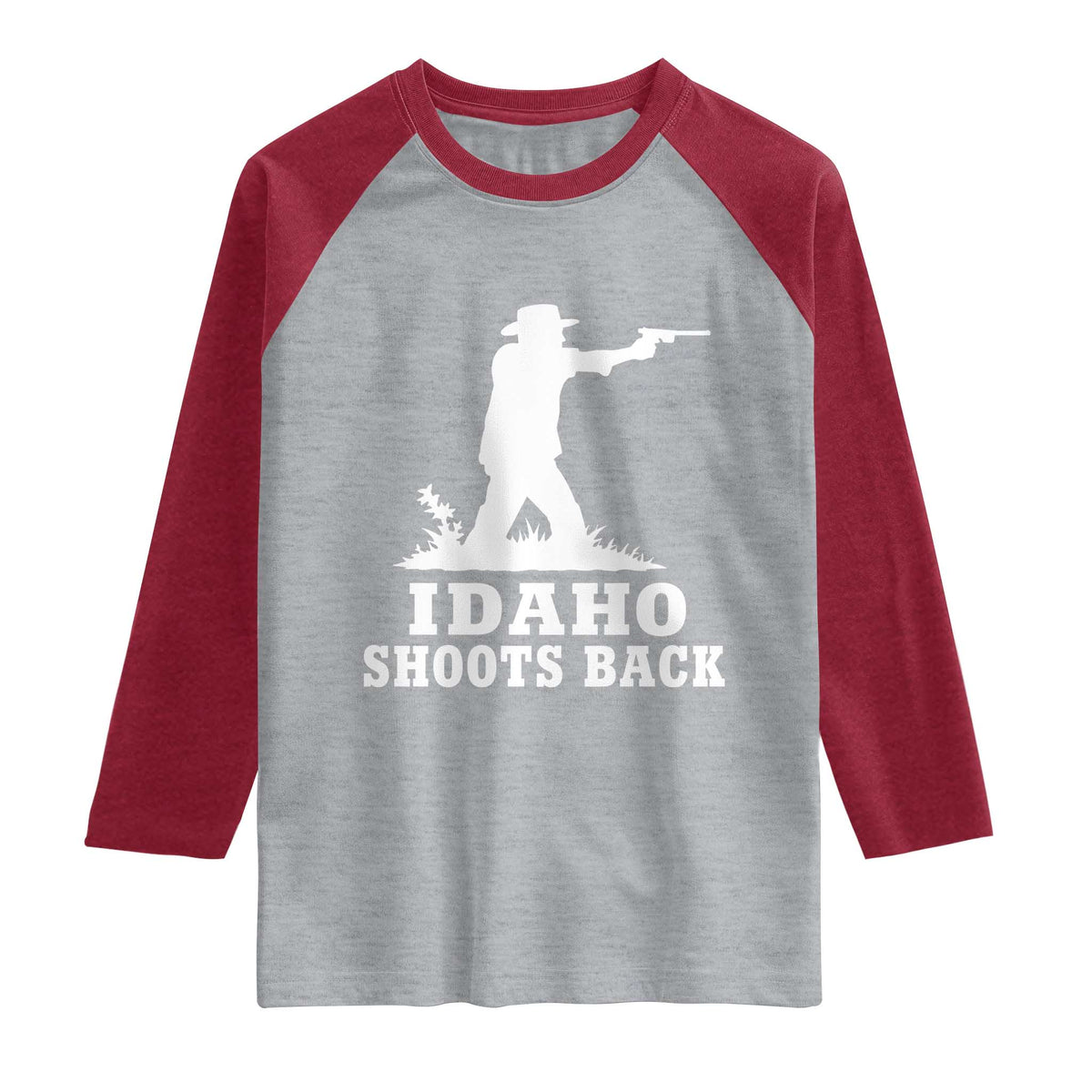 Idaho Shoots Back Cowboy Gunslinger Silhouette Patriotic Graphic Raglan Shirt