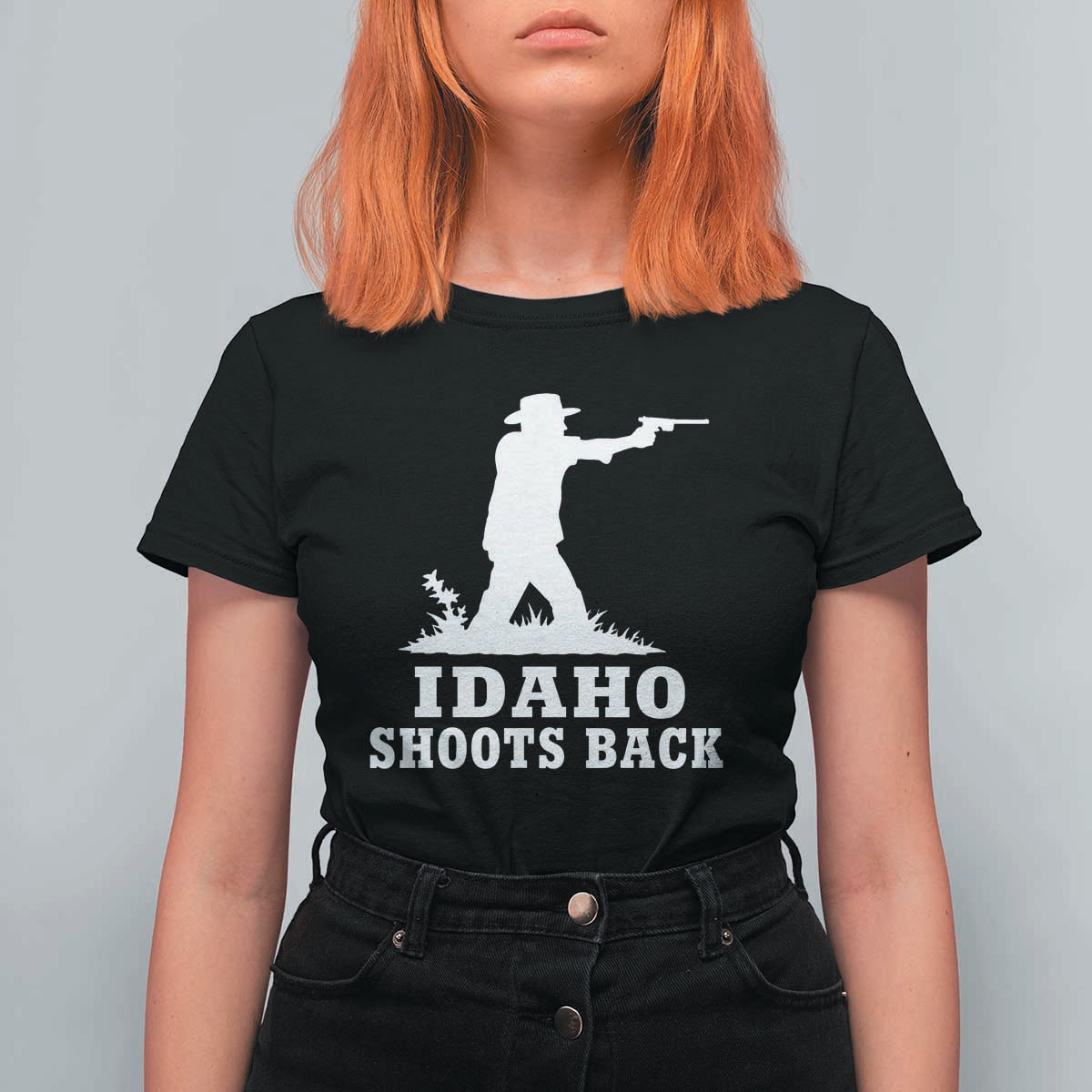 Idaho Shoots Back Cowboy Gunslinger Silhouette Patriotic Graphic T Shirt For Women