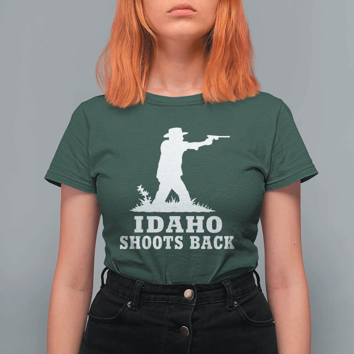 Idaho Shoots Back Cowboy Gunslinger Silhouette Patriotic Graphic T Shirt For Women