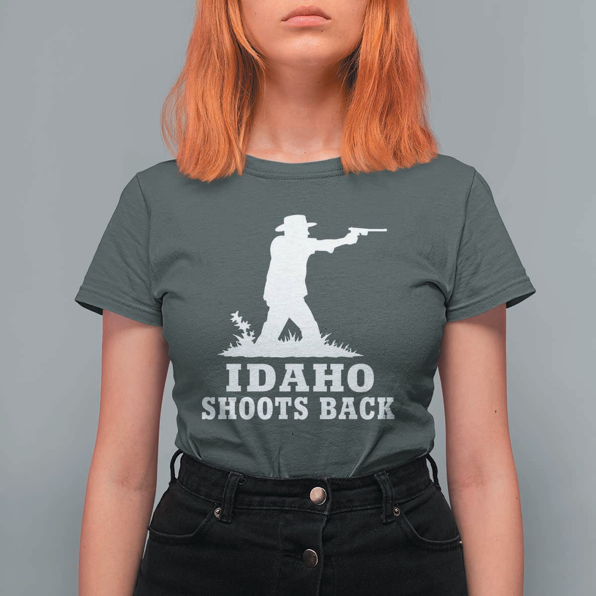 Idaho Shoots Back Cowboy Gunslinger Silhouette Patriotic Graphic T Shirt For Women