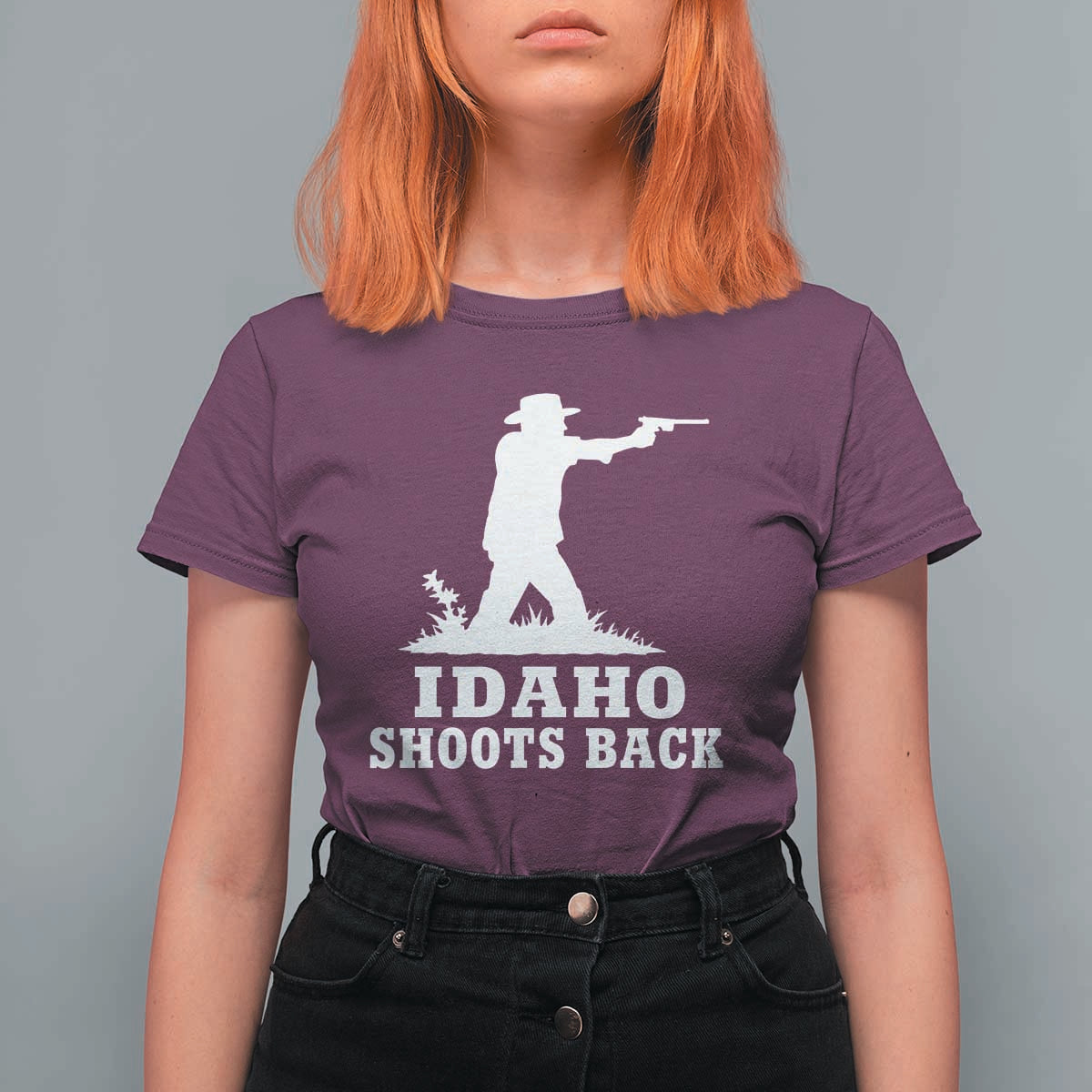 Idaho Shoots Back Cowboy Gunslinger Silhouette Patriotic Graphic T Shirt For Women
