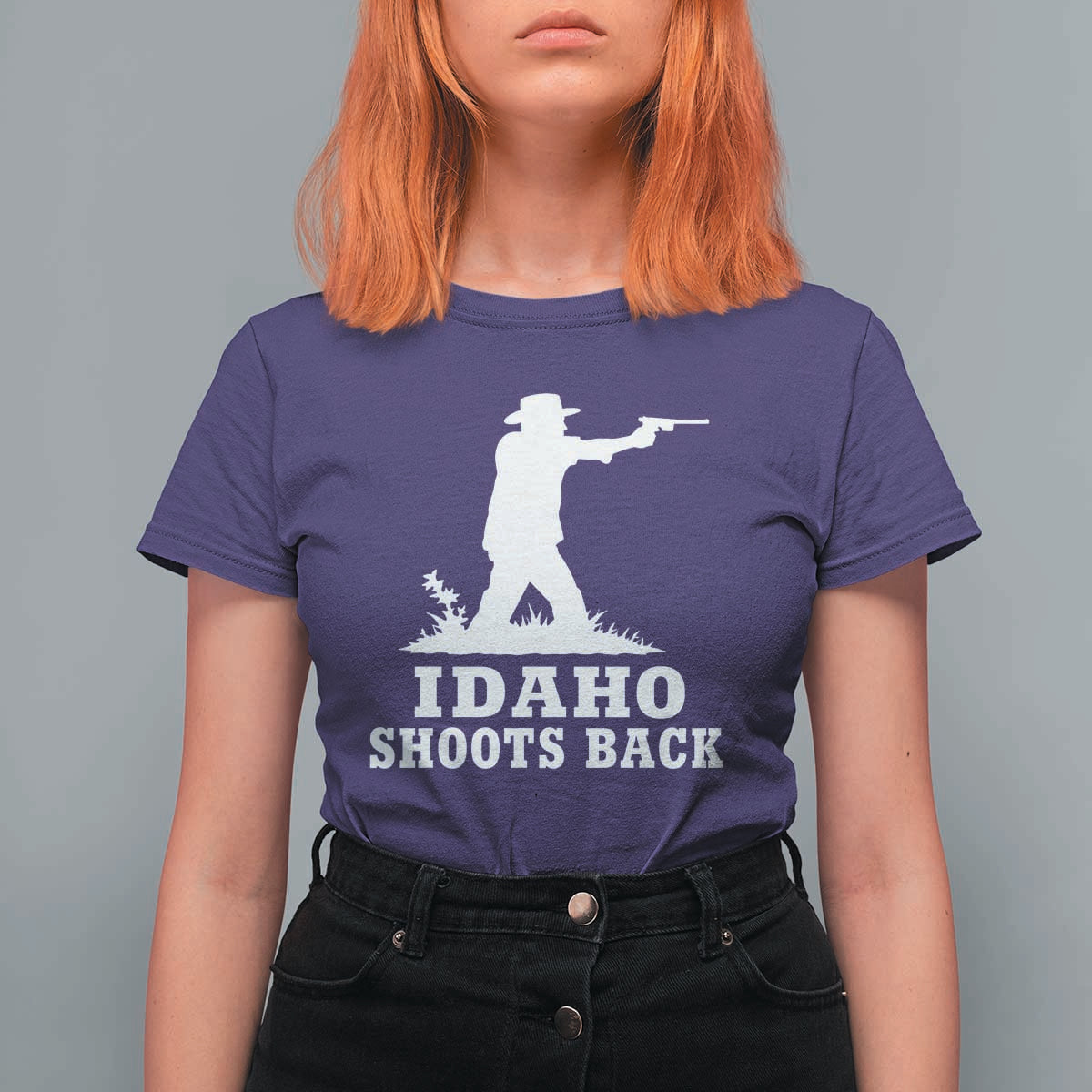Idaho Shoots Back Cowboy Gunslinger Silhouette Patriotic Graphic T Shirt For Women