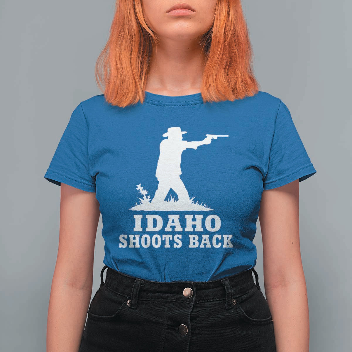 Idaho Shoots Back Cowboy Gunslinger Silhouette Patriotic Graphic T Shirt For Women