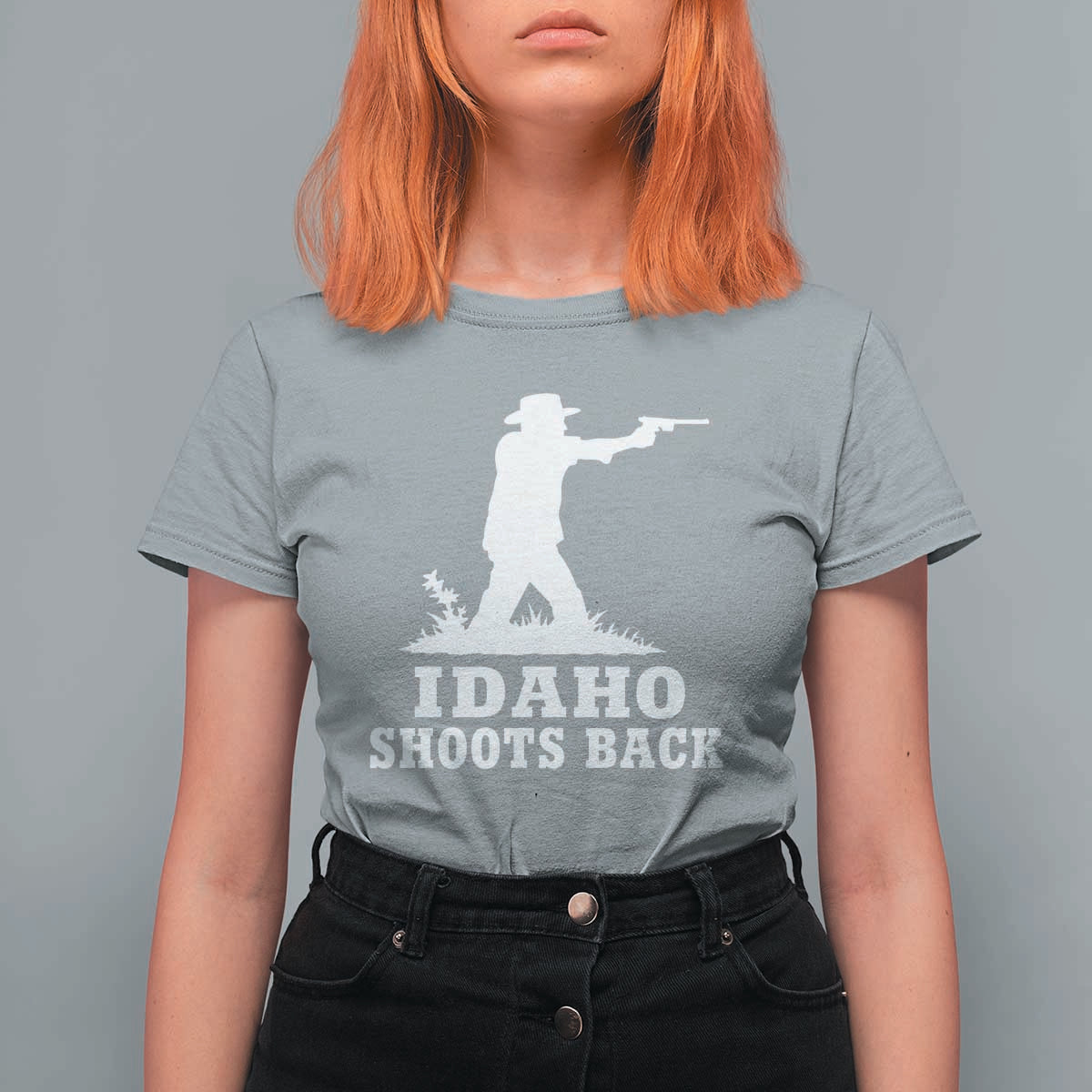 Idaho Shoots Back Cowboy Gunslinger Silhouette Patriotic Graphic T Shirt For Women