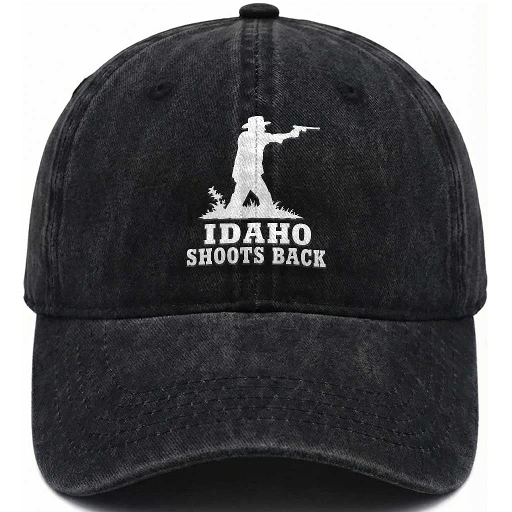 Idaho Shoots Back Cowboy Gunslinger Silhouette Patriotic Graphic Washed Cotton Baseball Cap