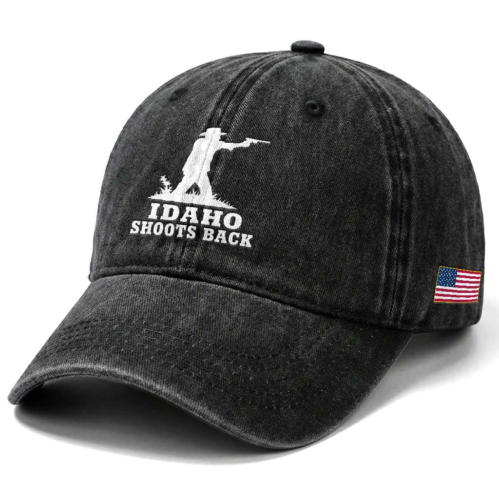 Idaho Shoots Back Cowboy Gunslinger Silhouette Patriotic Graphic Washed Cotton Baseball Cap