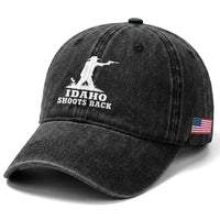 Idaho Shoots Back Cowboy Gunslinger Silhouette Patriotic Graphic Washed Cotton Baseball Cap