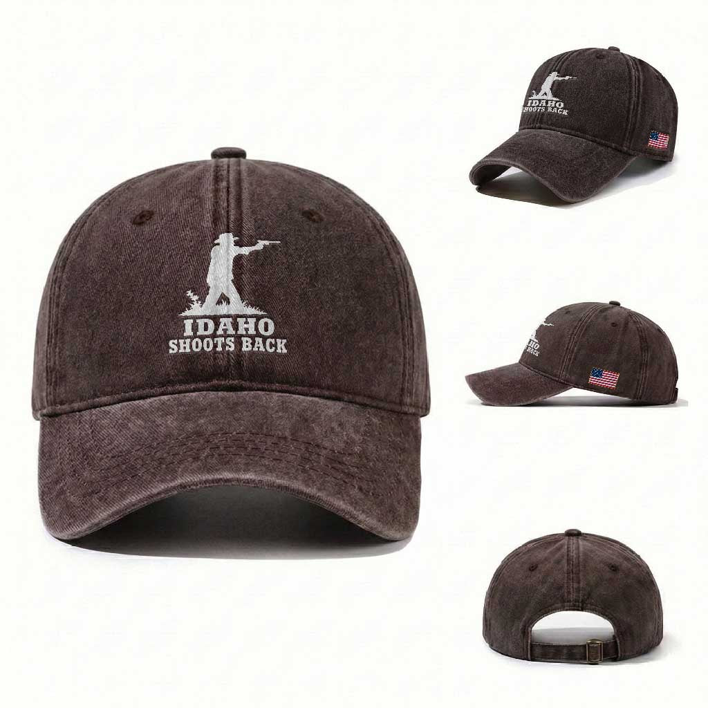 Idaho Shoots Back Cowboy Gunslinger Silhouette Patriotic Graphic Washed Cotton Baseball Cap