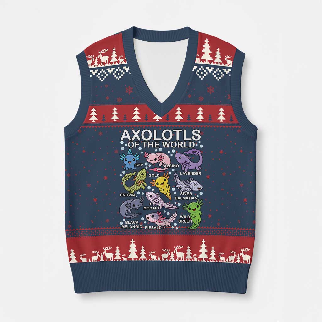 Kawaii Axolotl V-Neck Knit Sweater Vest Axolotls of the World Animals Aquarium Species - Wonder Print Shop