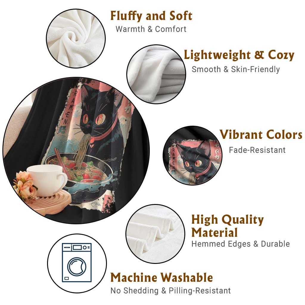 Japanese Inspo Ramen Cat Graphic Throw Blanket Anime Manga Kawaii Otaku Urban Streetwear - Wonder Print Shop