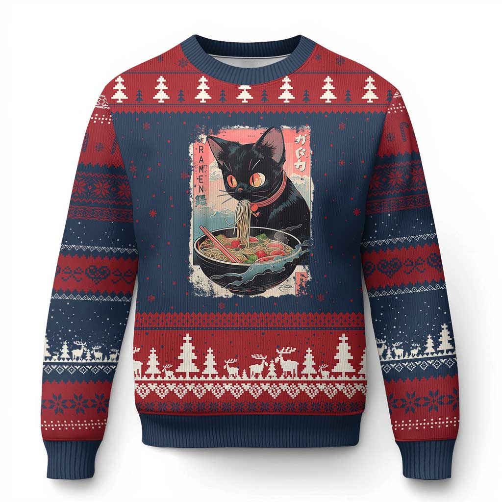 Japanese Inspo Ramen Cat Graphic Ugly Christmas Sweater Anime Manga Kawaii Otaku Urban Streetwear - Wonder Print Shop