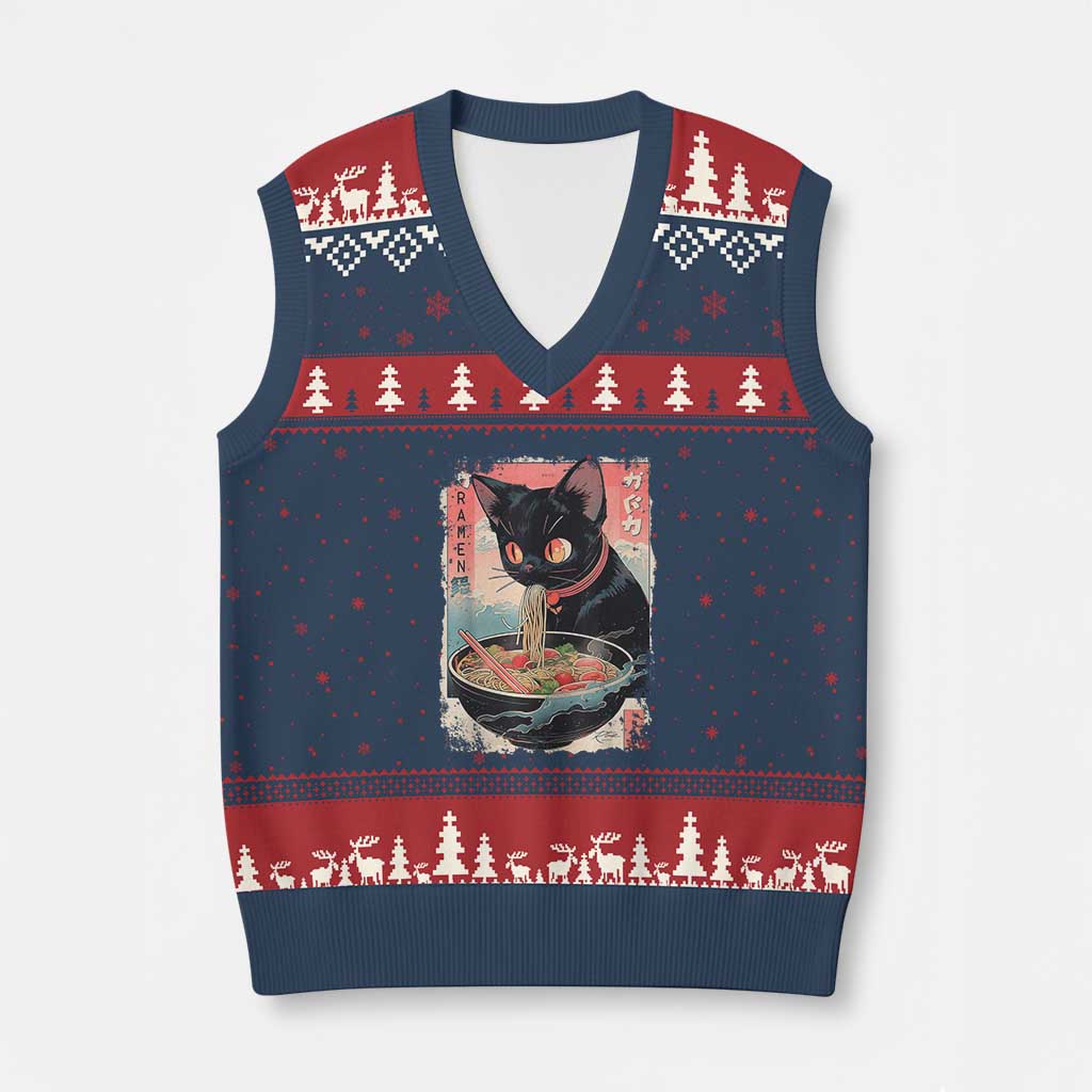 Japanese Inspo Ramen Cat Graphic V-Neck Knit Sweater Vest Anime Manga Kawaii Otaku Urban Streetwear - Wonder Print Shop