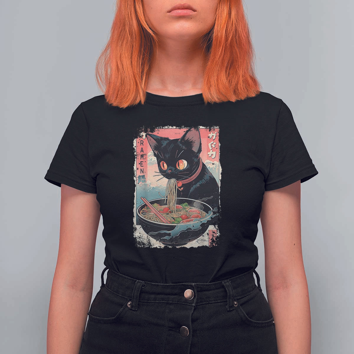 Japanese Inspo Ramen Cat Graphic T Shirt For Women Anime Manga Kawaii Otaku Urban Streetwear - Wonder Print Shop