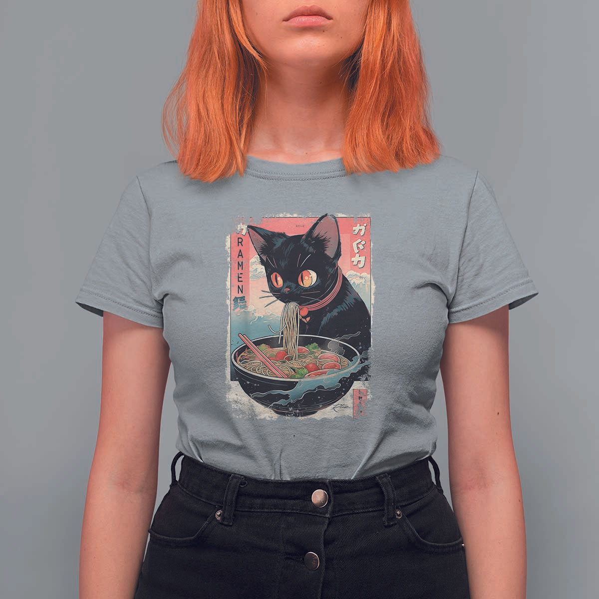 Japanese Inspo Ramen Cat Graphic T Shirt For Women Anime Manga Kawaii Otaku Urban Streetwear - Wonder Print Shop