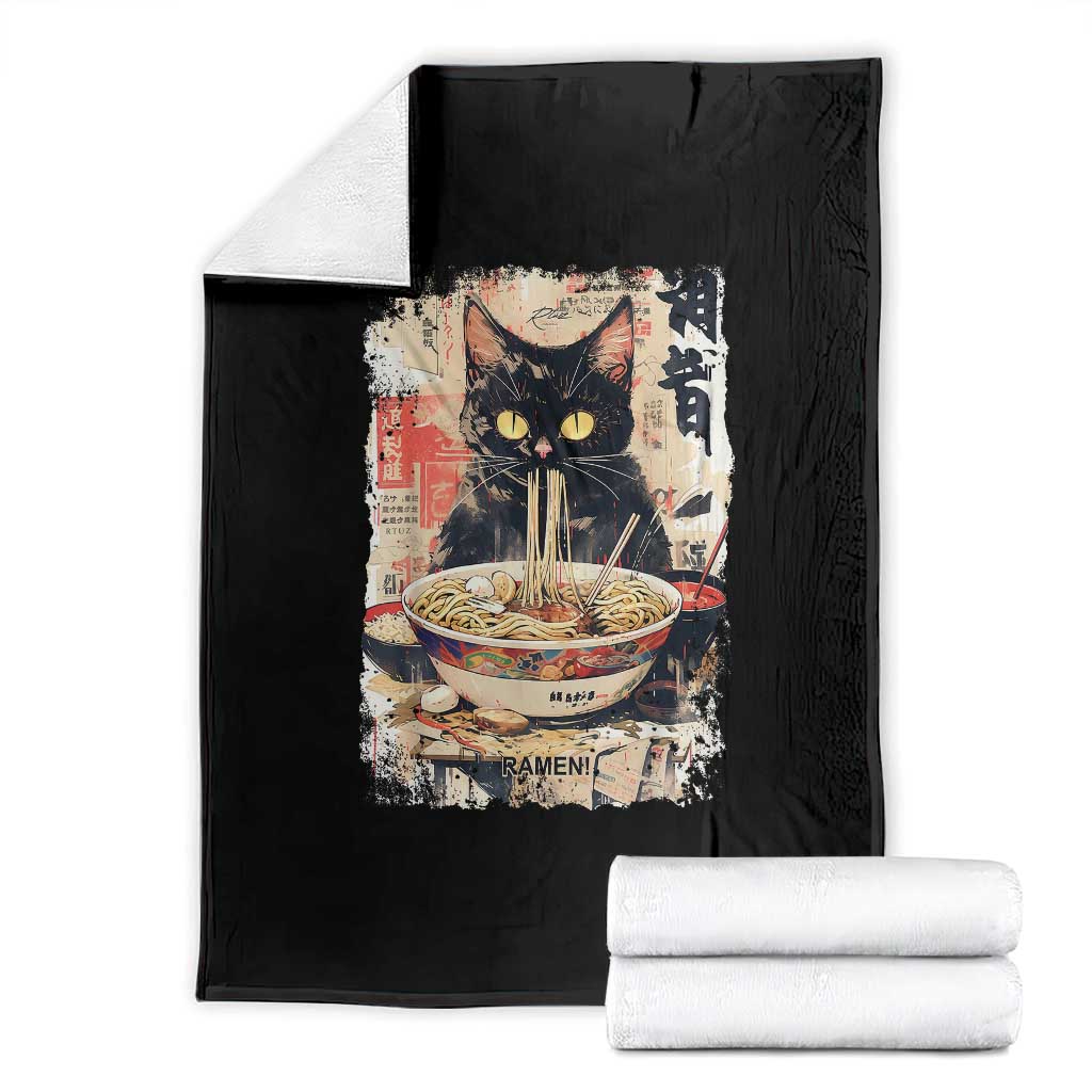 Ramen Noodles Black Cat Graphic Throw Blanket Kawaii Retro Japan Y2K Cats Manga Anime - Wonder Print Shop