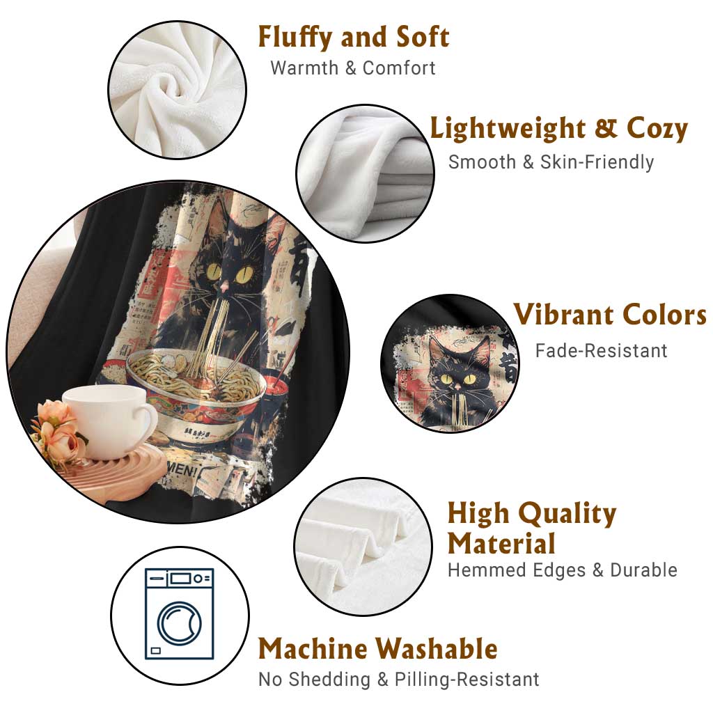 Ramen Noodles Black Cat Graphic Throw Blanket Kawaii Retro Japan Y2K Cats Manga Anime - Wonder Print Shop