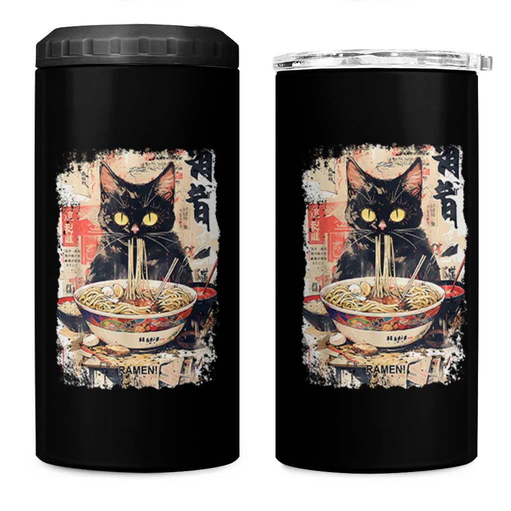 Ramen Noodles Black Cat Graphic 4 in 1 Can Cooler Tumbler Kawaii Retro Japan Y2K Cats Manga Anime - Wonder Print Shop