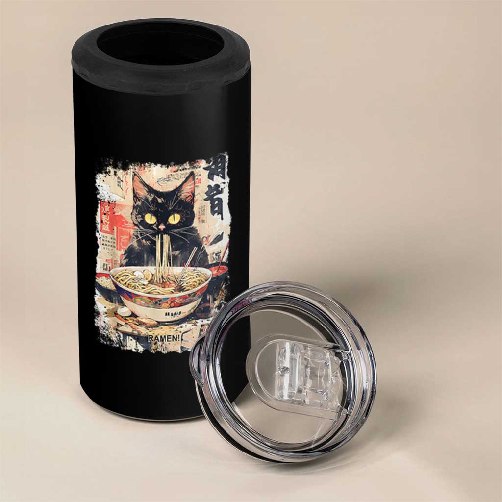 Ramen Noodles Black Cat Graphic 4 in 1 Can Cooler Tumbler Kawaii Retro Japan Y2K Cats Manga Anime - Wonder Print Shop
