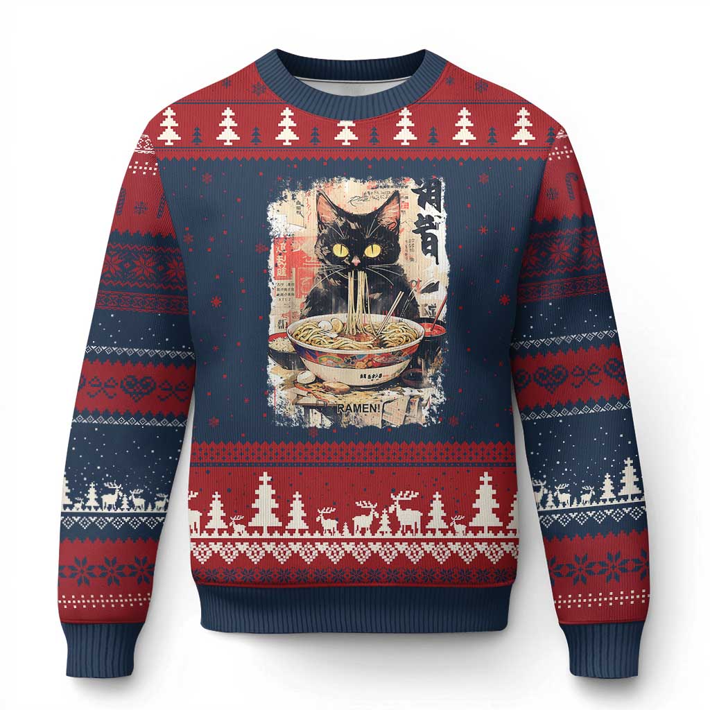Ramen Noodles Black Cat Graphic Ugly Christmas Sweater Kawaii Retro Japan Y2K Cats Manga Anime - Wonder Print Shop