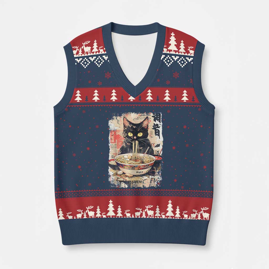 Ramen Noodles Black Cat Graphic V-Neck Knit Sweater Vest Kawaii Retro Japan Y2K Cats Manga Anime - Wonder Print Shop