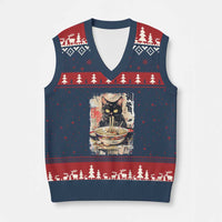 Ramen Noodles Black Cat Graphic V-Neck Knit Sweater Vest Kawaii Retro Japan Y2K Cats Manga Anime - Wonder Print Shop