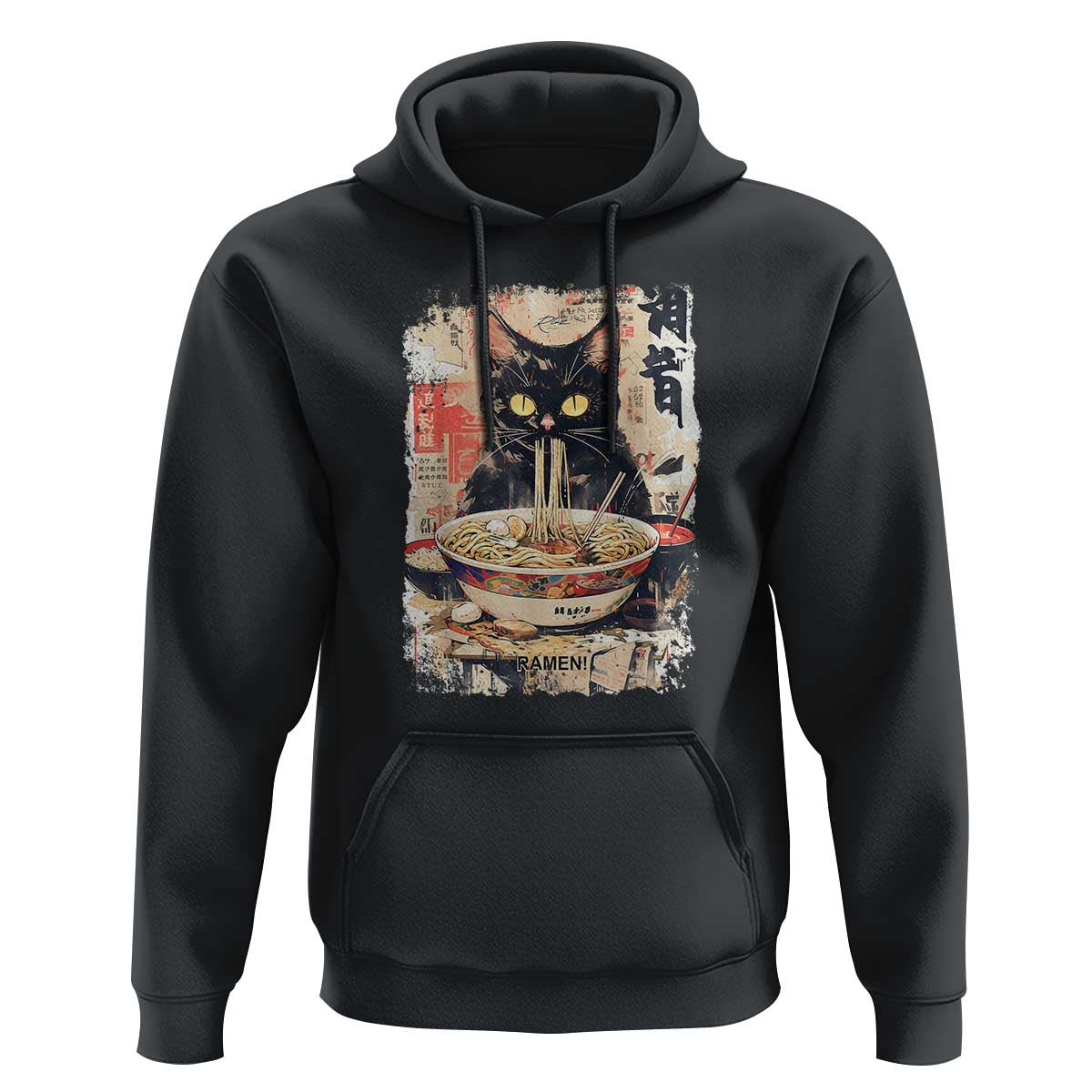 Ramen Noodles Black Cat Graphic Hoodie Kawaii Retro Japan Y2K Cats Manga Anime - Wonder Print Shop