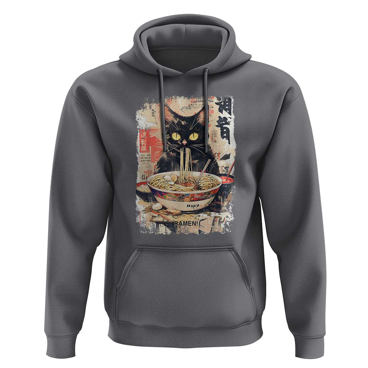 Ramen Noodles Black Cat Graphic Hoodie Kawaii Retro Japan Y2K Cats Manga Anime - Wonder Print Shop